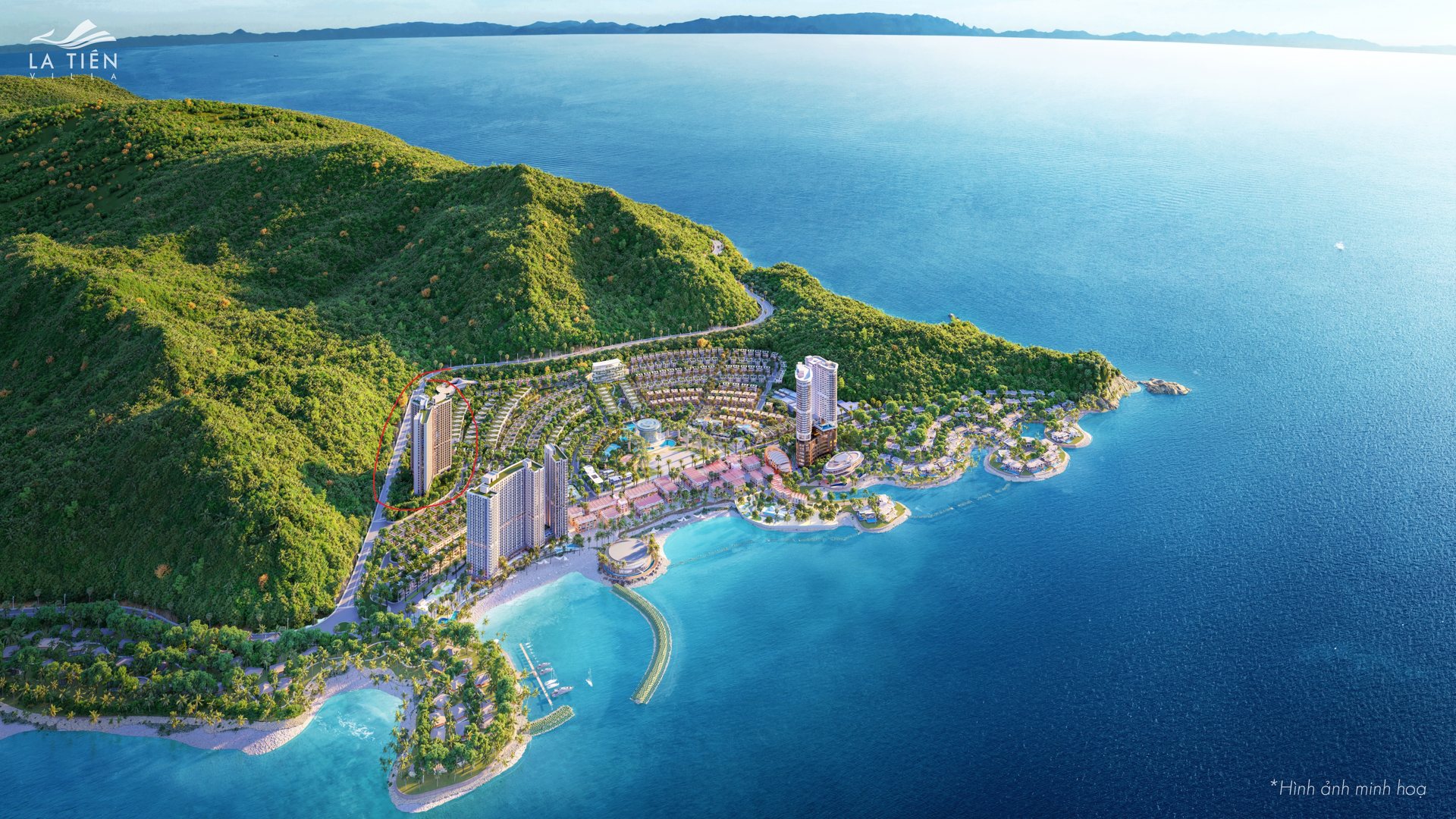 Định vị hai tòa tháp Alora trên mũi biển, giữa quần thể villa và bãi tắm Libera Nha Trang