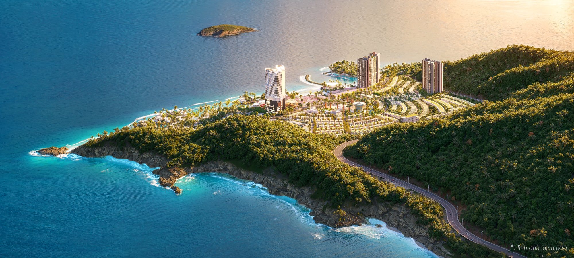 Tháp căn hộ Alora trên mũi biển Vega City / Libera Nha Trang lúc hoàng hôn, tựa núi hướng vịnh