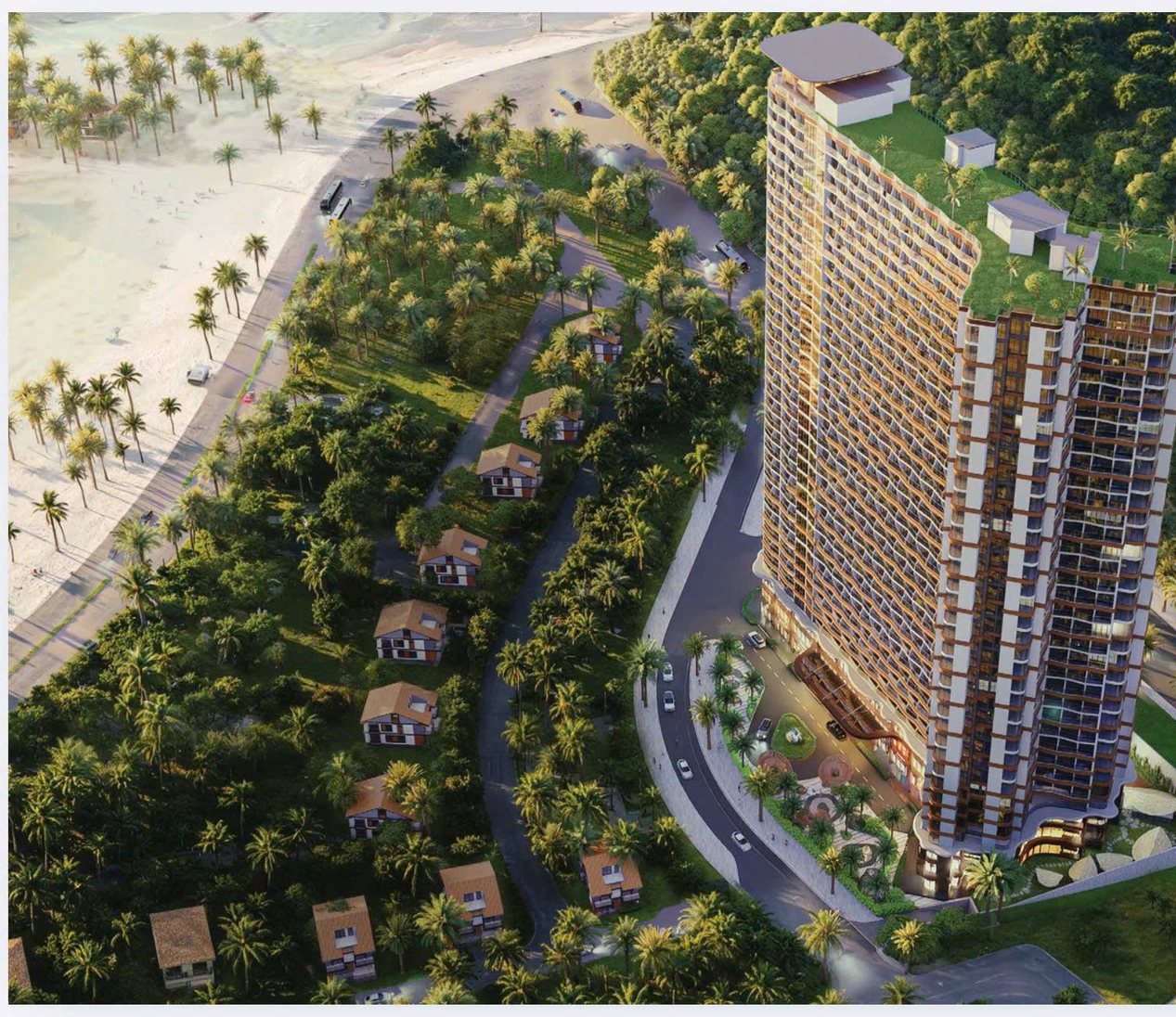 Phối cảnh tháp căn hộ Alora tựa núi Cô Tiên, mặt hướng bãi biển và vịnh Bắc Nha Trang